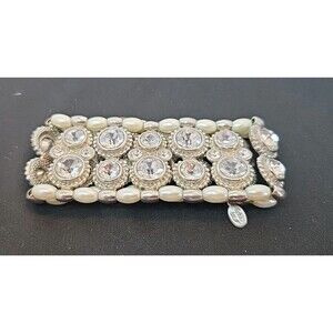 Cookie Lee 8" Stretch 2" Wide Rhinestones Silvertone & Pearled Beads Bracelet